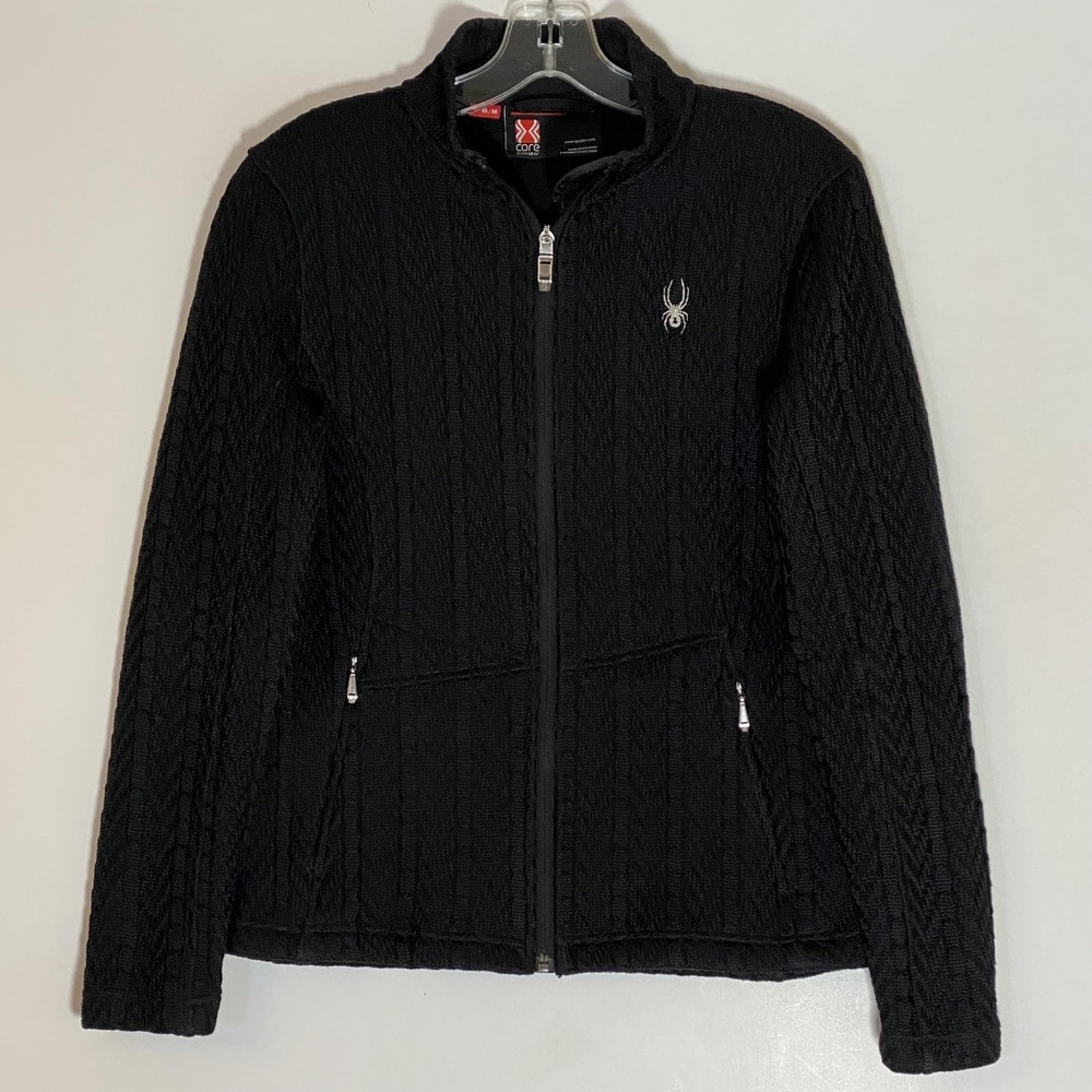 Spyder Core Sweater Womens Medium Black Full Zip Cable Knit Mock Neck Logo‎